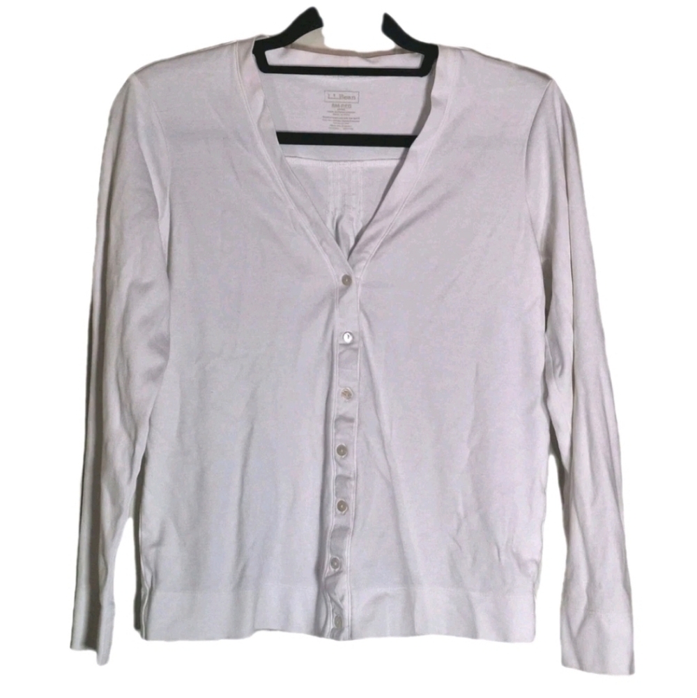 LL Bean Button up Cardigan Sweater White Weave Knit Womens Size Small